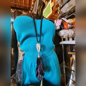 Black Beaded Tassel Necklace with Angel Wing